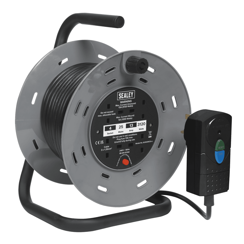 Sealey Cable Reel 25mtr with RCD Plug 2 x 230V Model No-BCR25RCD