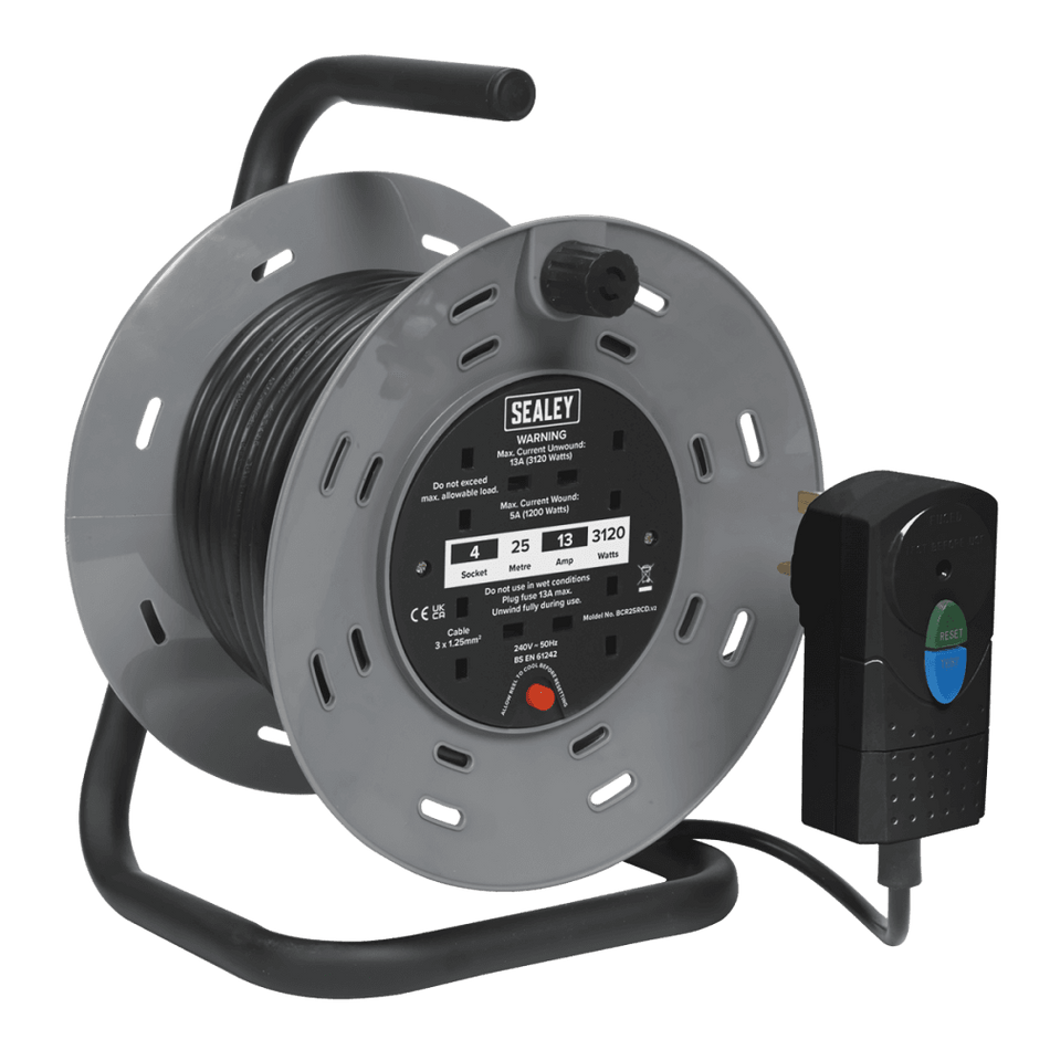 Sealey Cable Reel 25mtr with RCD Plug 2 x 230V Model No-BCR25RCD