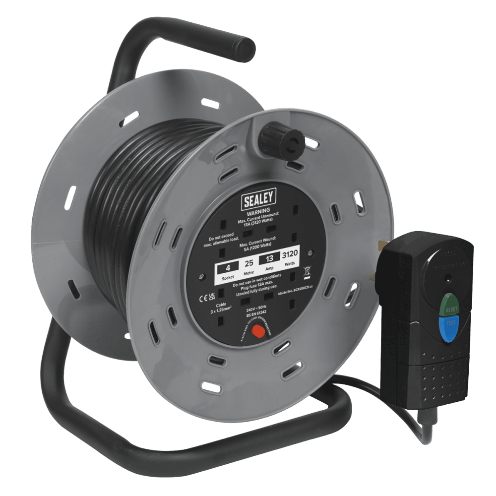 Sealey Cable Reel 25mtr with RCD Plug 2 x 230V Model No-BCR25RCD