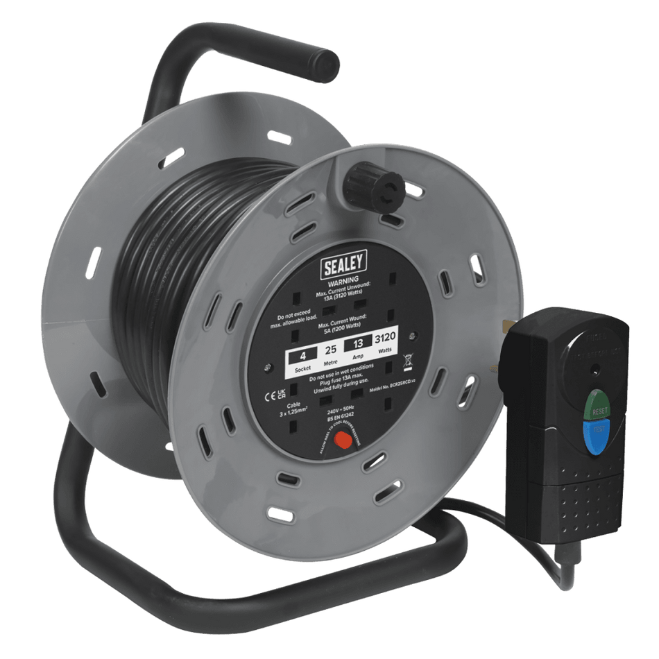 Sealey Cable Reel 25mtr with RCD Plug 2 x 230V Model No-BCR25RCD