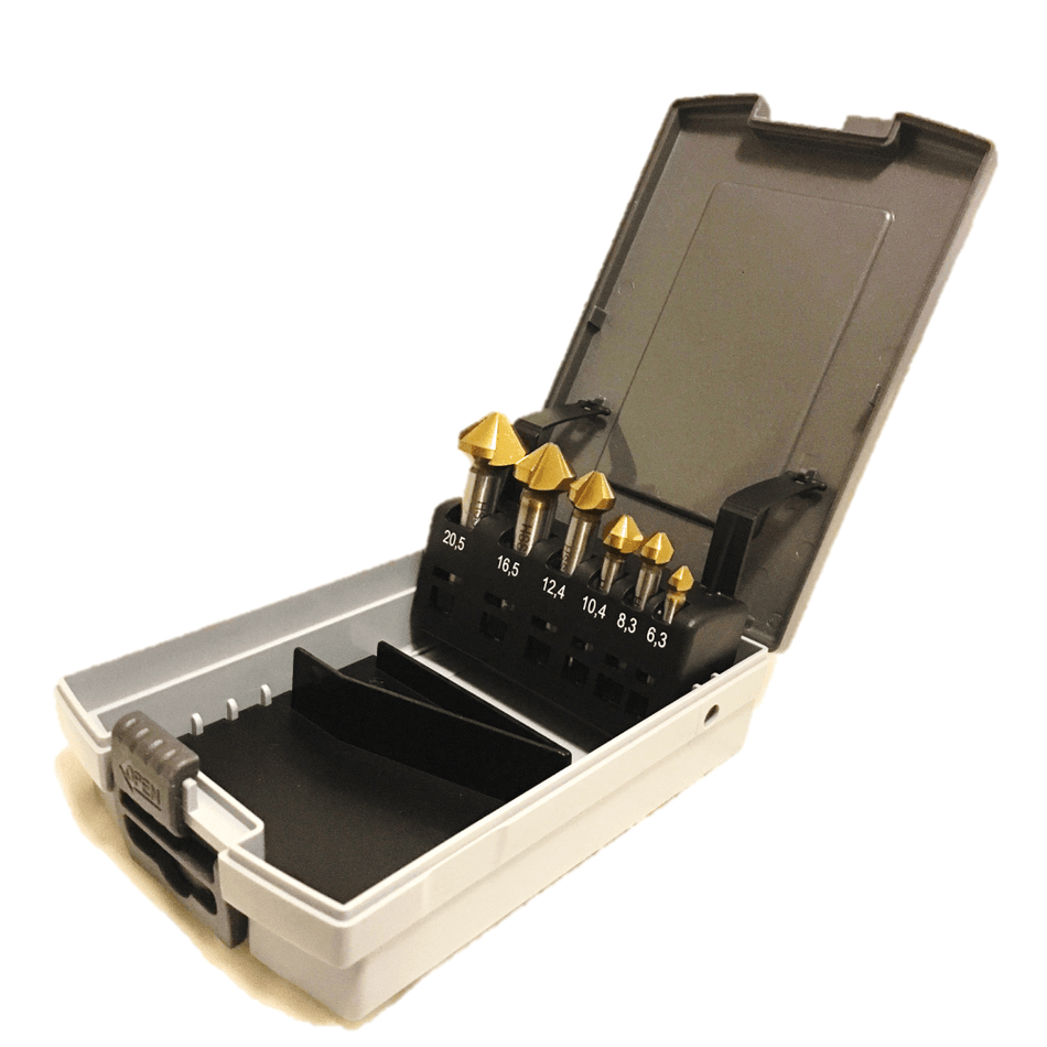 6 pc HSS TiN coated countersink set, in bespoke plastic storage box