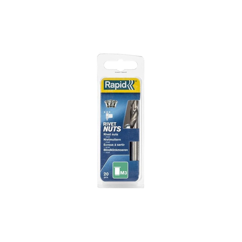 Rapid Steel Rivet Nuts M3 (Pack 20 + Free Drill Bit)