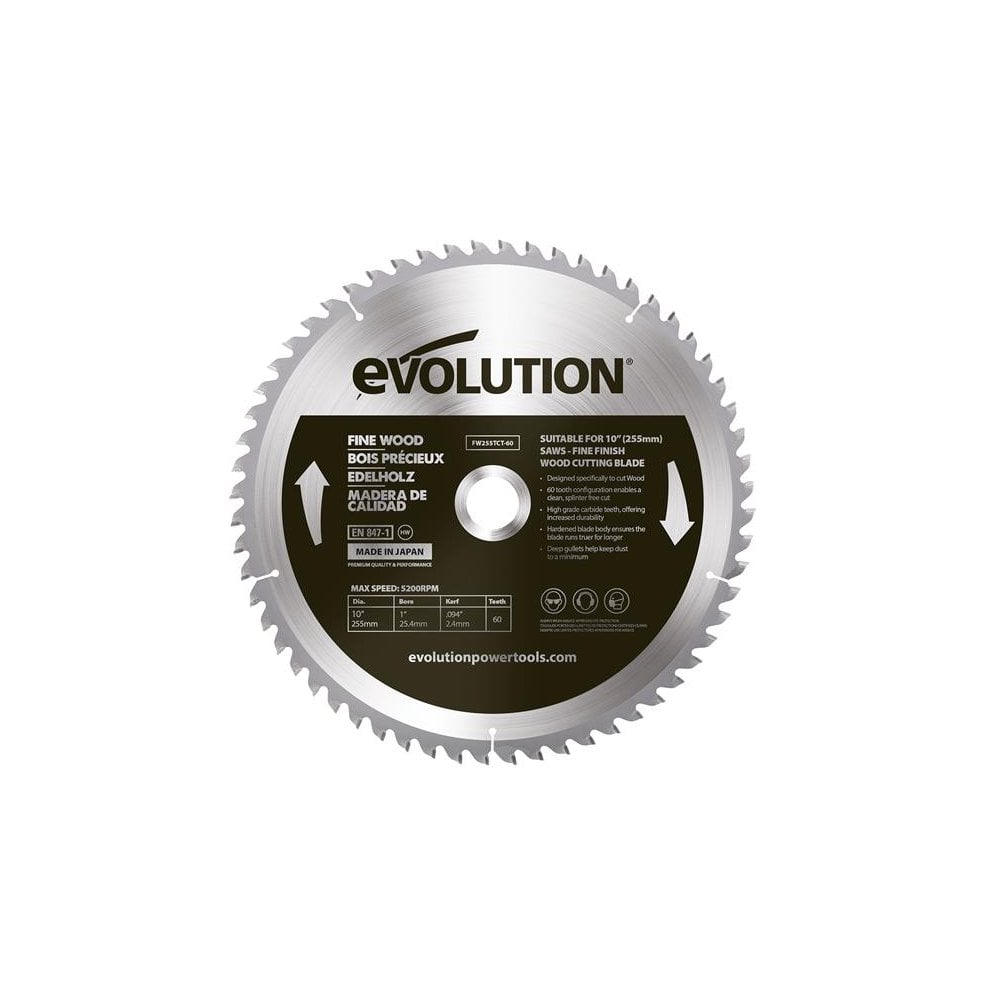 Evolution Fine Wood Mitre/Table Saw Blade 255 x 25.4mm x 60T