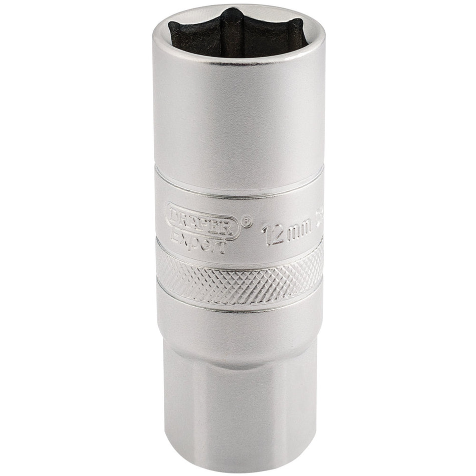 DRAPER 1/2" Square Drive 12mm Thread 6 Point Satin Chrome Spark Plug Socket (18mm Socket): Model No. HT-PLUG/MS