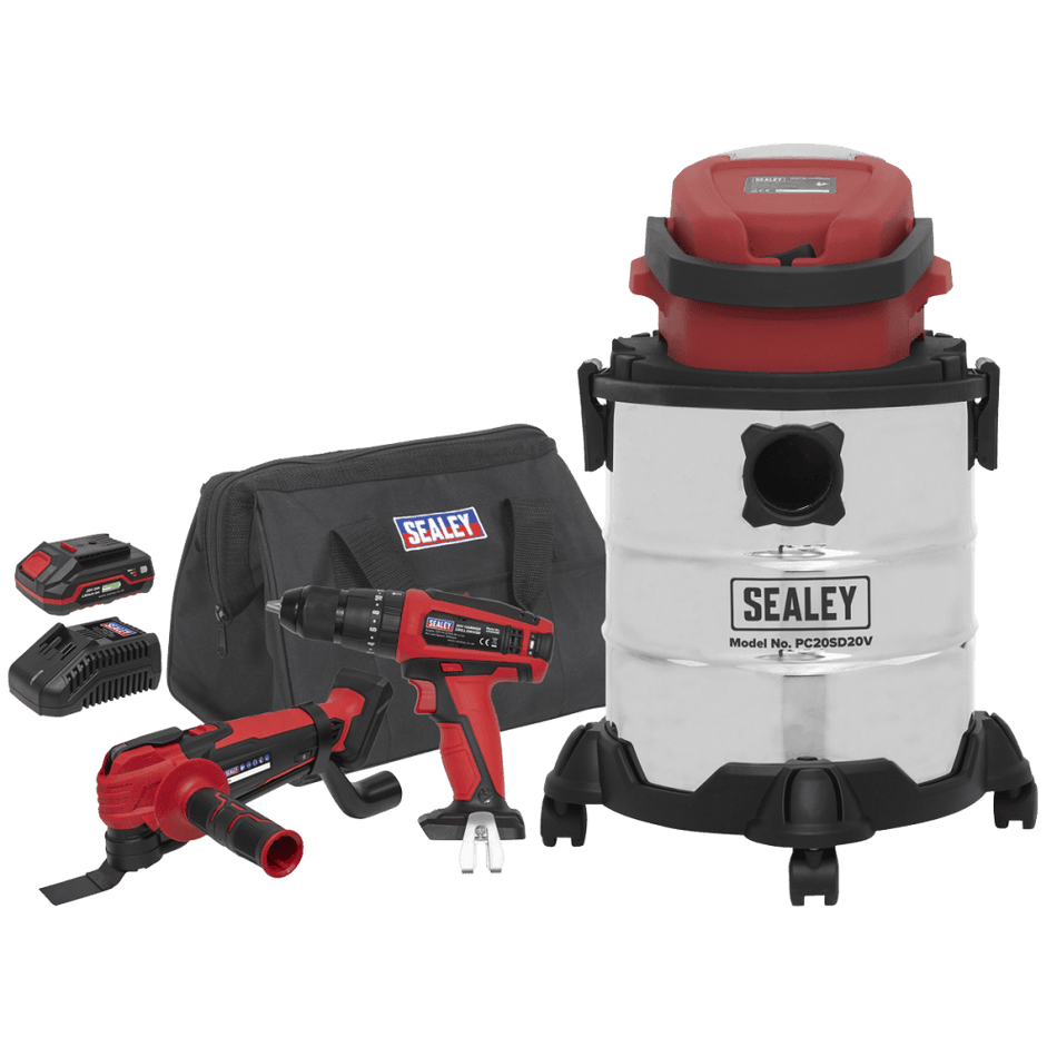 Sealey 3 x 20V SV20 Series Tool Vac Combo - 2 Batteries Model No - CP20VCOMBO5