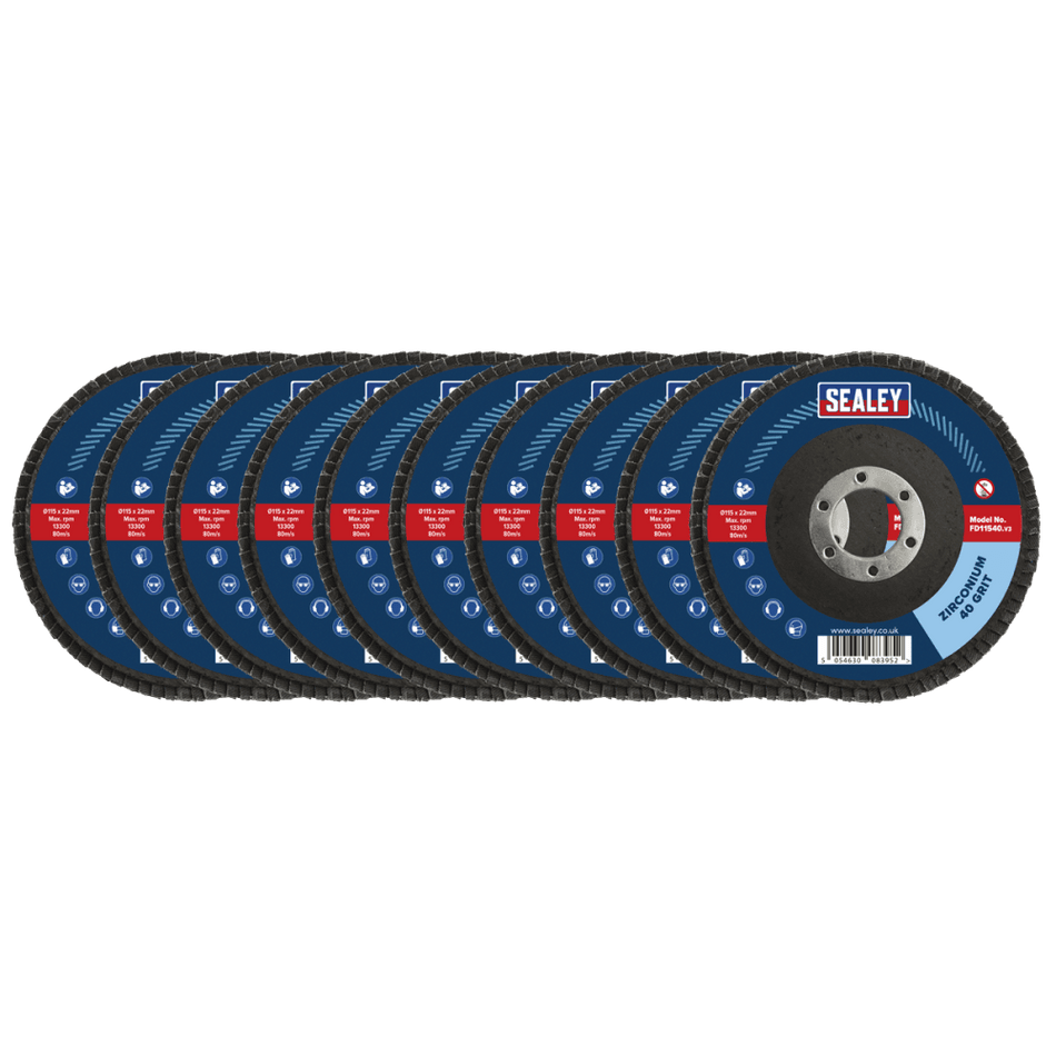 Sealey 40Grit Flap Discs Zirconium 115mm 22mm Bore - Pack of 10 Model No - FD1154010