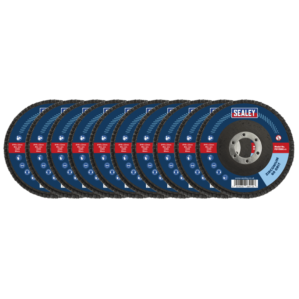 Sealey 60Grit Flap Discs Zirconium 115mm 22mm Bore - Pack of 10 Model No - FD1156010