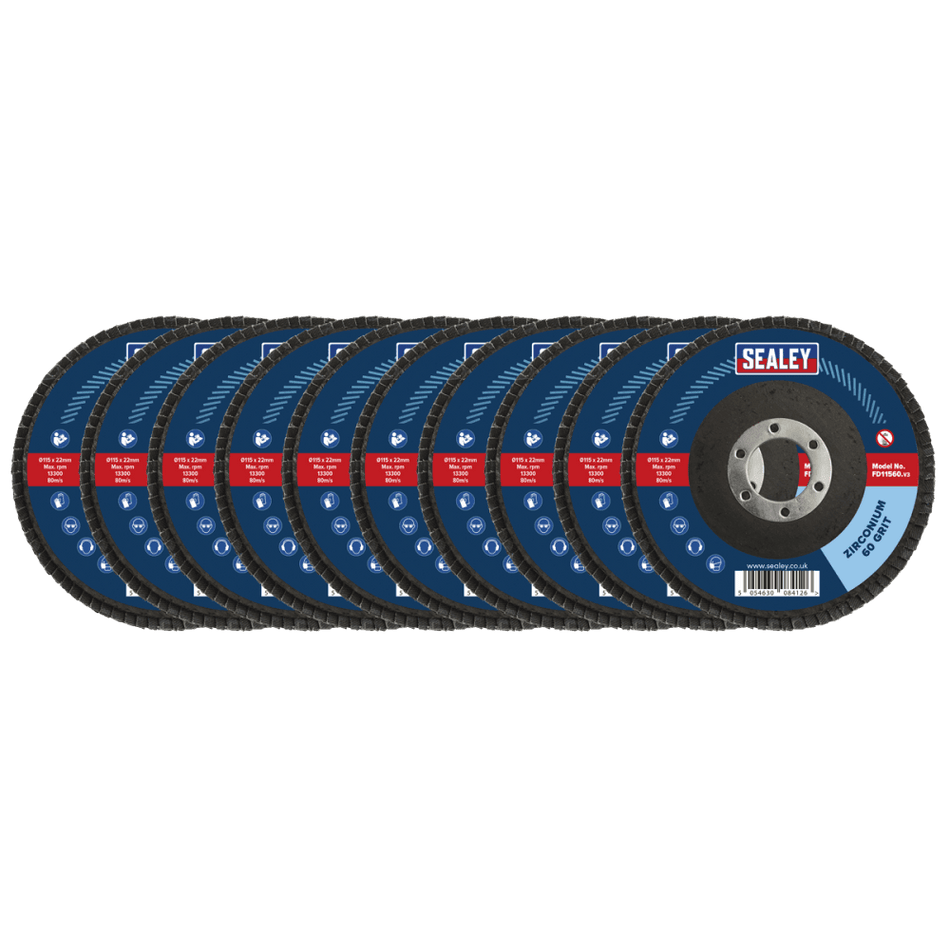 Sealey 60Grit Flap Discs Zirconium 115mm 22mm Bore - Pack of 10 Model No - FD1156010