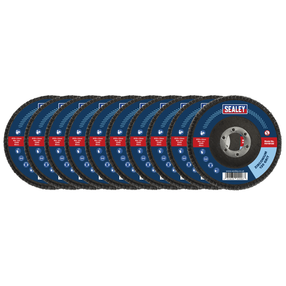 Sealey 120Grit Flap Discs Zirconium 115mm 22mm Bore - Pack of 10 Model No - FD11512010