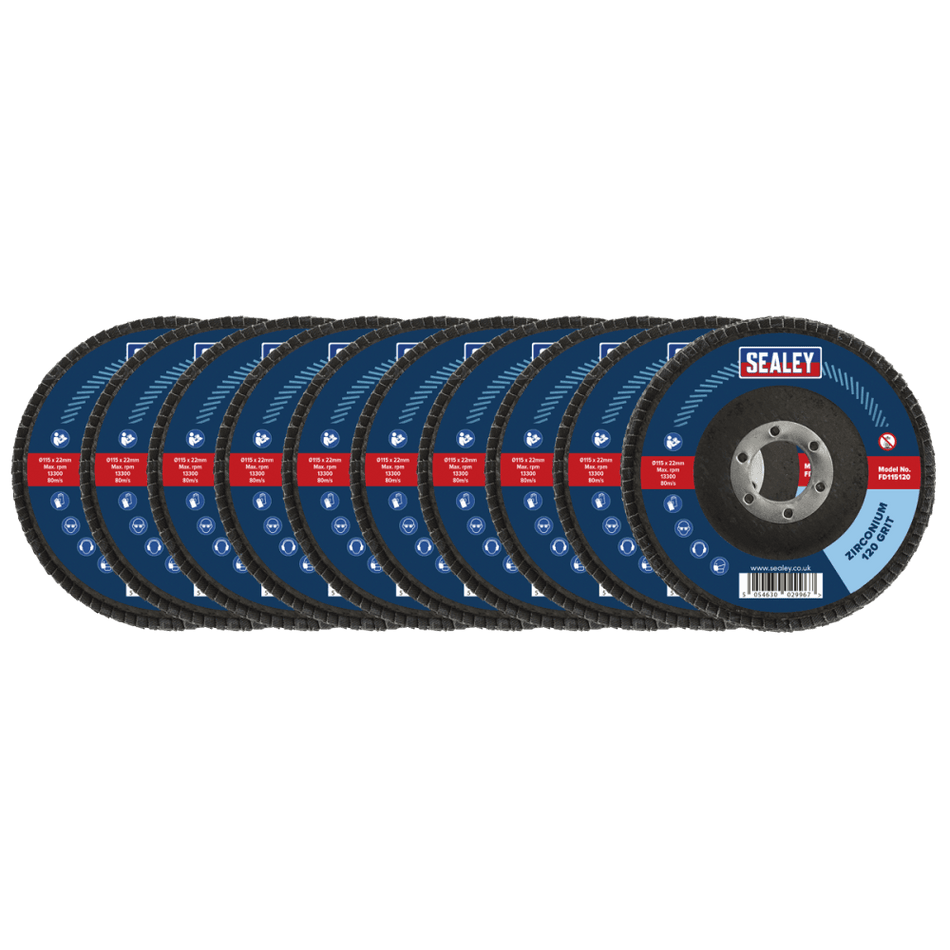Sealey 120Grit Flap Discs Zirconium 115mm 22mm Bore - Pack of 10 Model No - FD11512010