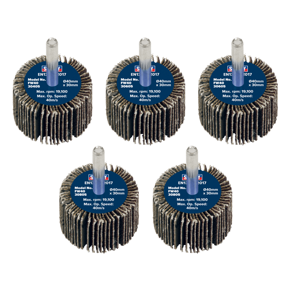 Sealey 40 x 30mm Abrasive Flap Wheel with 6mm Shaft Assorted Grit - Pack of 5 Model No - FW4030ASS