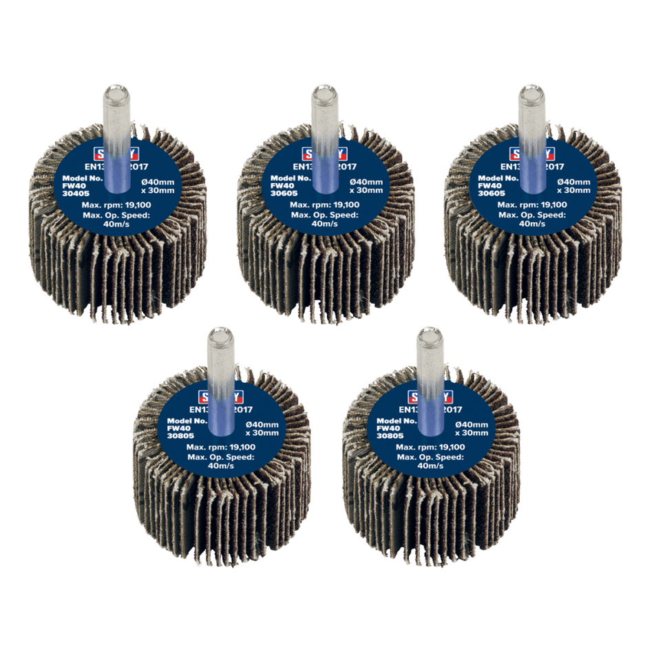 Sealey Flap Wheel 40 x 30mm 6mm Shaft Assorted Grit - Pack of 5 Model No - FW4030ASS