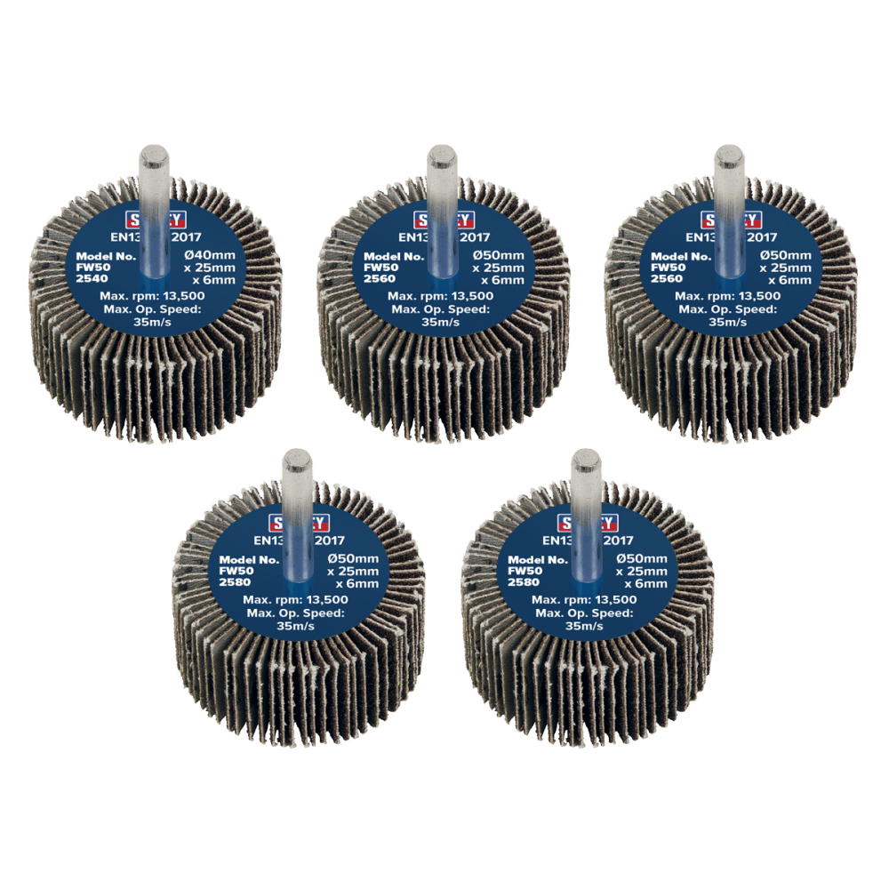 Sealey 50 x 25mm Abrasive Flap Wheel with 6mm Shaft Assorted Grit - Pack of 5 Model No - FW5025ASS