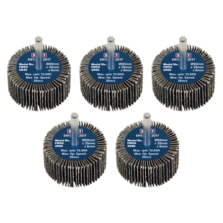 Sealey 50 x 25mm Abrasive Flap Wheel with 6mm Shaft Assorted Grit - Pack of 5 Model No - FW5025ASS