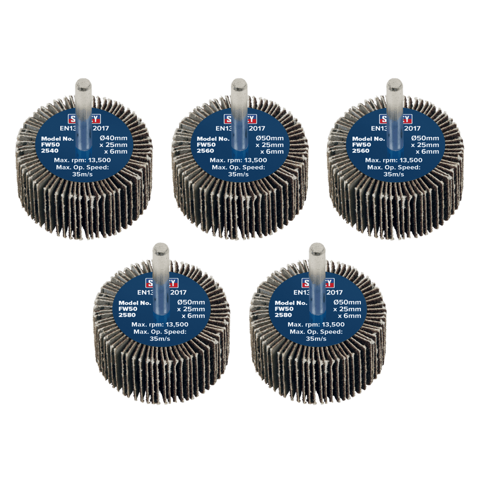 Sealey Flap Wheel 50 x 25mm 6mm Shaft Assorted Grit - Pack of 5 Model No - FW5025ASS