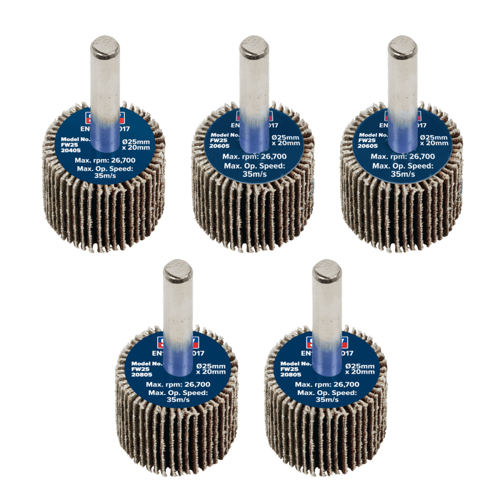 Sealey 25 x 20mm Abrasive Flap Wheel with 6mm Shaft Assorted Grit - Pack of 5 Model No - FW2520ASS