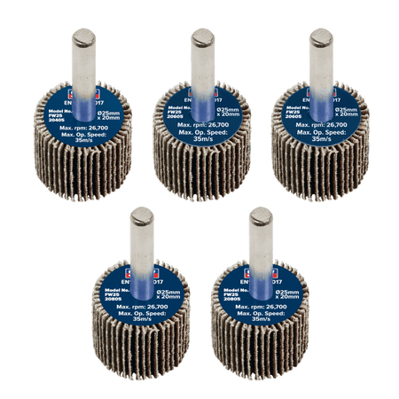 Sealey 25 x 20mm Abrasive Flap Wheel with 6mm Shaft Assorted Grit - Pack of 5 Model No - FW2520ASS