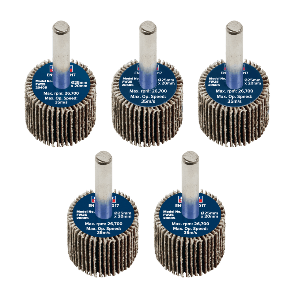 Sealey Flap Wheel 25 x 20mm 6mm Shaft Assorted Grit - Pack of 5 Model No - FW2520ASS