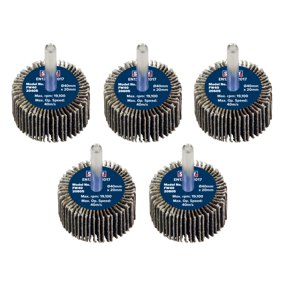 Sealey Flap Wheel 40 x 20mm 6mm Shaft Assorted Grit - Pack of 5 Model No - FW4020ASS