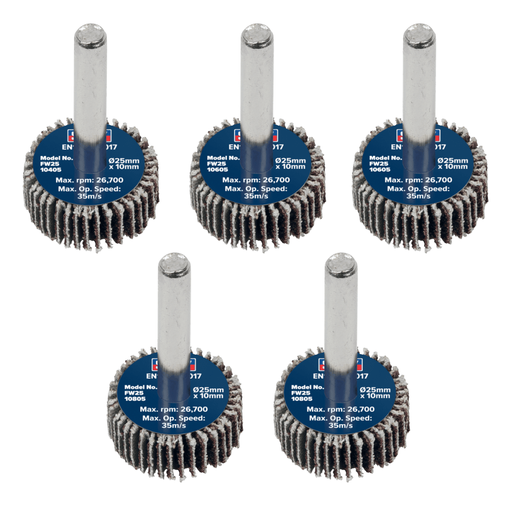 Sealey 25 x 10mm Abrasive Flap Wheel with 6mm Shaft Assorted Grit - Pack of 5 Model No - FW2510ASS