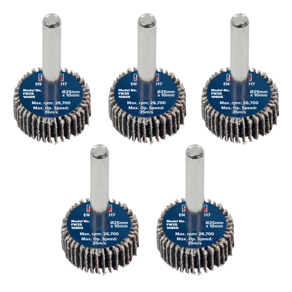Sealey Flap Wheel 25 x 10mm 6mm Shaft Assorted Grit - Pack of 5 Model No - FW2510ASS