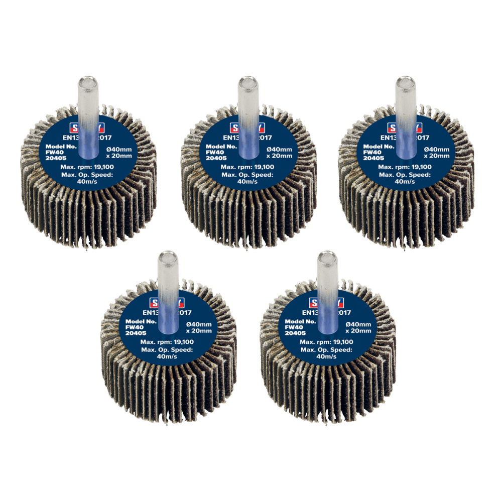 Sealey Flap Wheel 40 x 20mm 40Grit 6mm Shaft - Pack of 5 Model No - FW4020405