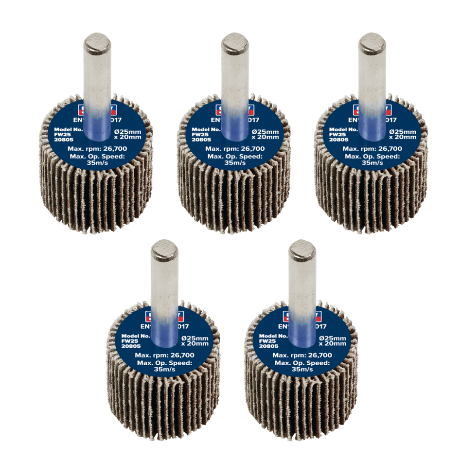 Sealey Flap Wheel 25 x 20mm 80Grit 6mm Shaft - Pack of 5 Model No - FW2520805