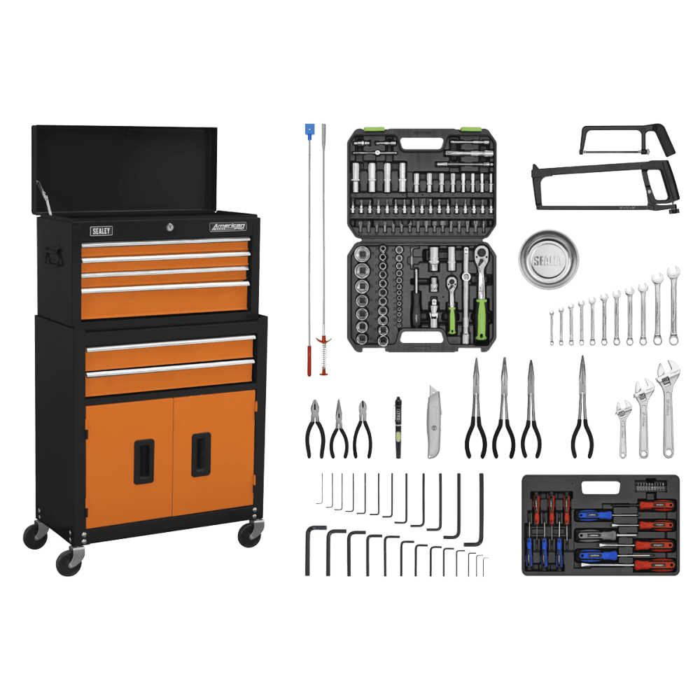 Sealey Topchest & Rollcab Combination 6 Drawer with Ball-Bearing Slides - Orange/Black & 170pc Tool Kit Model No - AP22OCOMBO