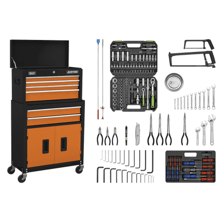 Sealey Topchest & Rollcab Combination 6 Drawer with Ball-Bearing Slides - Orange/Black & 170pc Tool Kit Model No - AP22OCOMBO