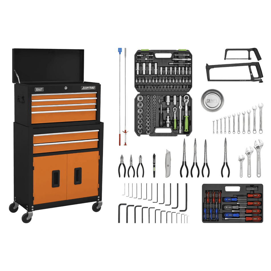Sealey Topchest & Rollcab Combination 6 Drawer with Ball-Bearing Slides - Orange/Black & 170pc Tool Kit Model No - AP22OCOMBO