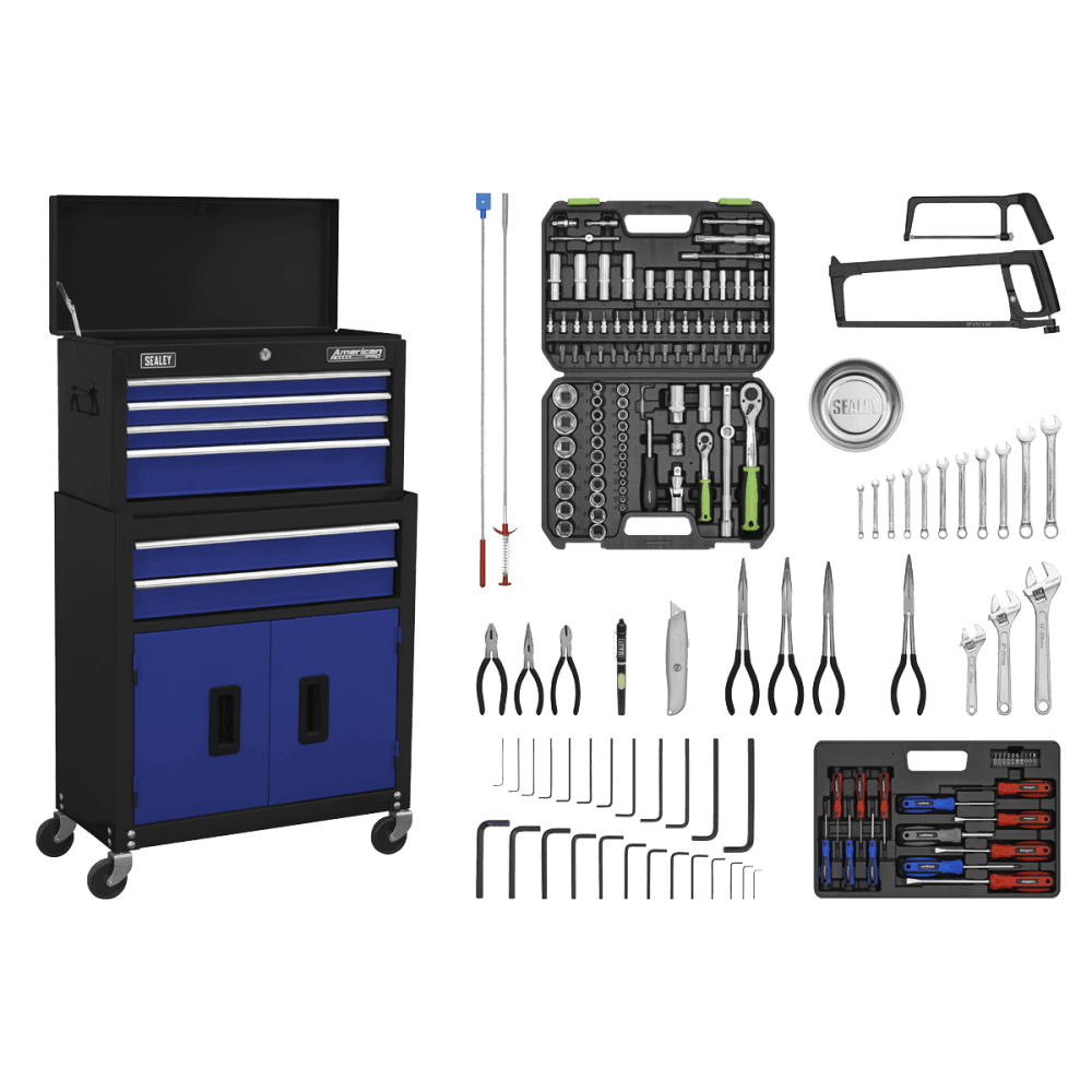 Sealey Topchest & Rollcab Combination 6 Drawer with Ball-Bearing Slides - Blue/Black & 170pc Tool Kit Model No - AP22BCOMBO