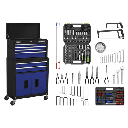 Sealey Topchest & Rollcab Combination 6 Drawer with Ball-Bearing Slides - Blue/Black & 170pc Tool Kit Model No - AP22BCOMBO