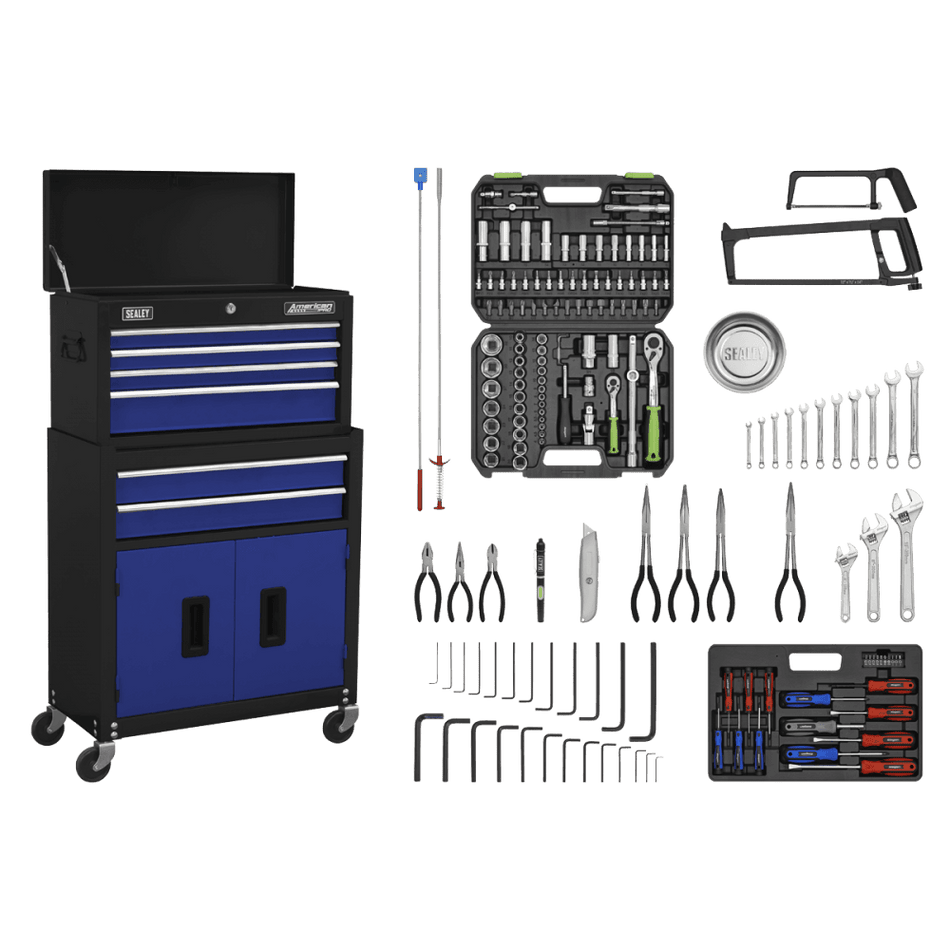 Sealey Topchest & Rollcab Combination 6 Drawer with Ball-Bearing Slides - Blue/Black & 170pc Tool Kit Model No - AP22BCOMBO