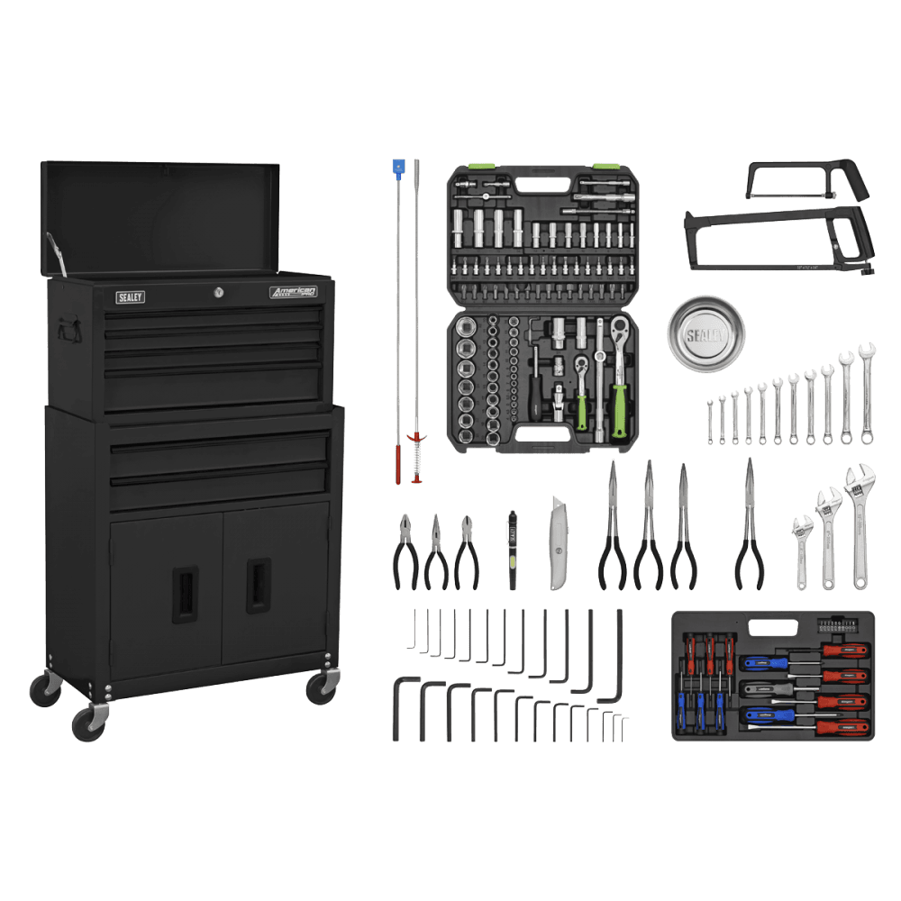 Sealey Topchest & Rollcab Combination 6 Drawer with Ball-Bearing Slides - Black & 170pc Tool Kit Model No - AP22BKCOMBO