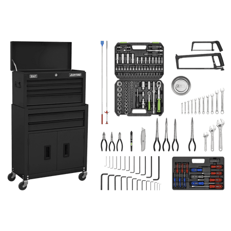 Sealey Topchest & Rollcab Combination 6 Drawer with Ball-Bearing Slides - Black & 170pc Tool Kit Model No - AP22BKCOMBO