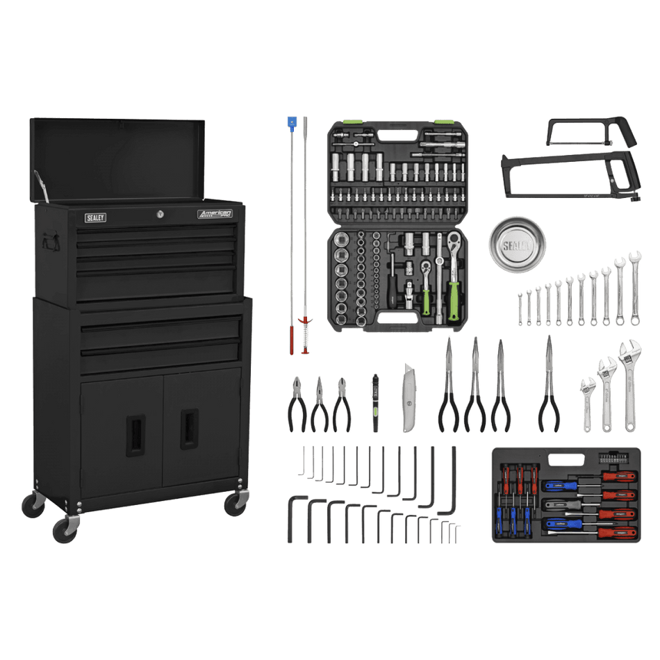 Sealey Topchest & Rollcab Combination 6 Drawer with Ball-Bearing Slides - Black & 170pc Tool Kit Model No - AP22BKCOMBO