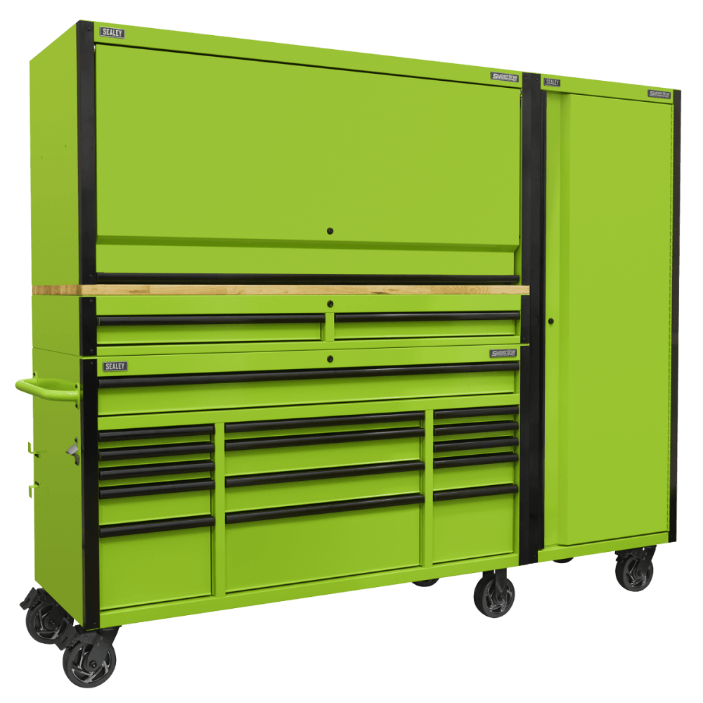 Sealey Superline PRO® Black Edition Mobile Trolley with Wooden Worktop, Hutch, 2 Drawer Riser & Side Locker 15 Drawer 1549mm Model No - AP6115BECOMBO2