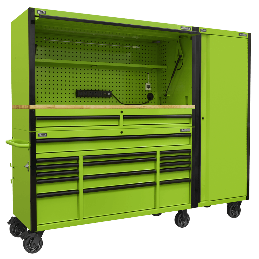Sealey Superline PRO® Black Edition Mobile Trolley with Wooden Worktop, Hutch, 2 Drawer Riser & Side Locker 15 Drawer 1549mm Model No - AP6115BECOMBO2