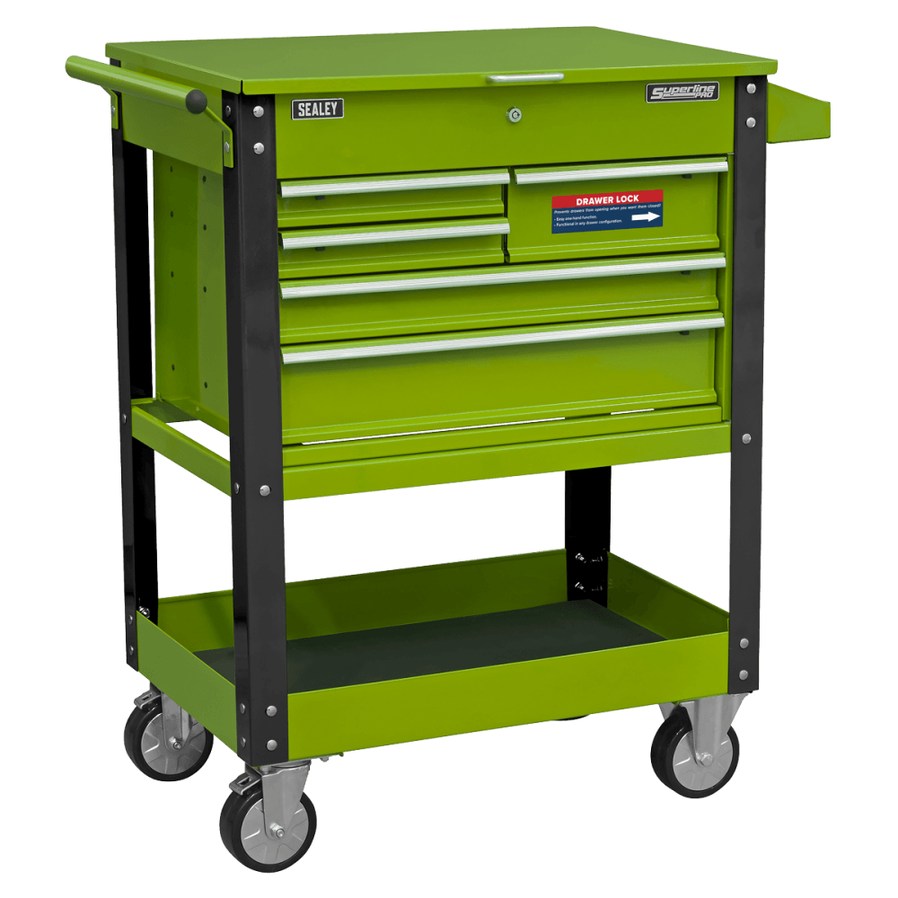 Sealey Heavy-Duty Mobile Tool & Parts Trolley with 5 Drawers and Lockable Top- Hi-Vis Green Model No - AP890MHV