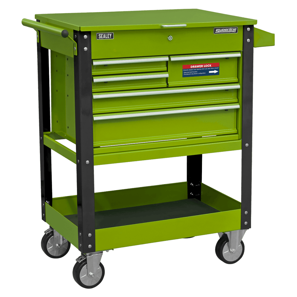 Sealey Heavy-Duty Mobile Tool & Parts Trolley with 5 Drawers and Lockable Top- Hi-Vis Green Model No - AP890MHV