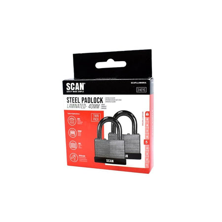 Scan Laminated Steel Padlock 40mm Keyed Alike Pack of 2-SCAPLLAM40KA