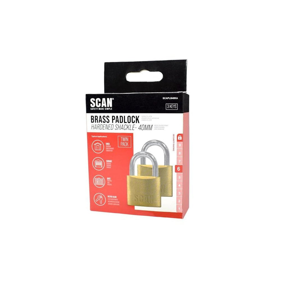 Scan Brass Padlock 40mm Keyed Alike Pack of 2-SCAPLB40KA