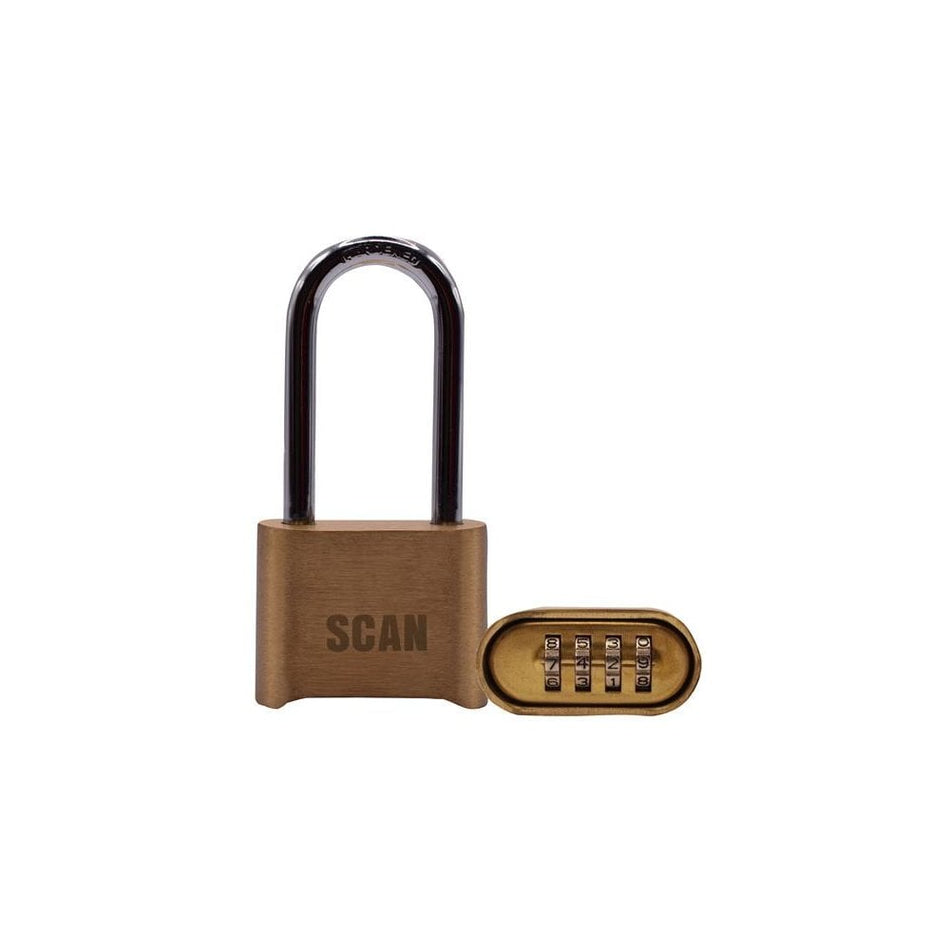 Scan Brass Combination Padlock 50mm Long Shackle-SCAPLBCOMLS