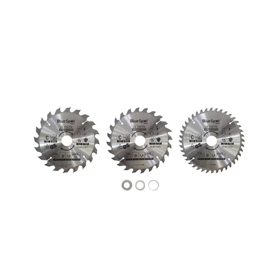 BlueSpot Tools 190mm Circular Saw Blade Set, 3 Piece-B/S19402