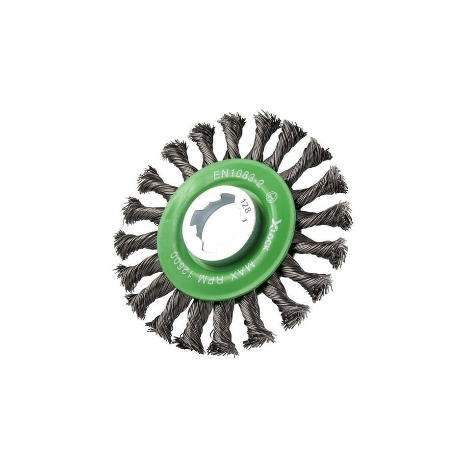 Faithfull X-LOCK Conical Wire Brush 115mm M14x2, 0.50mm Stainless Steel Wire-FAIWBCTSSXL