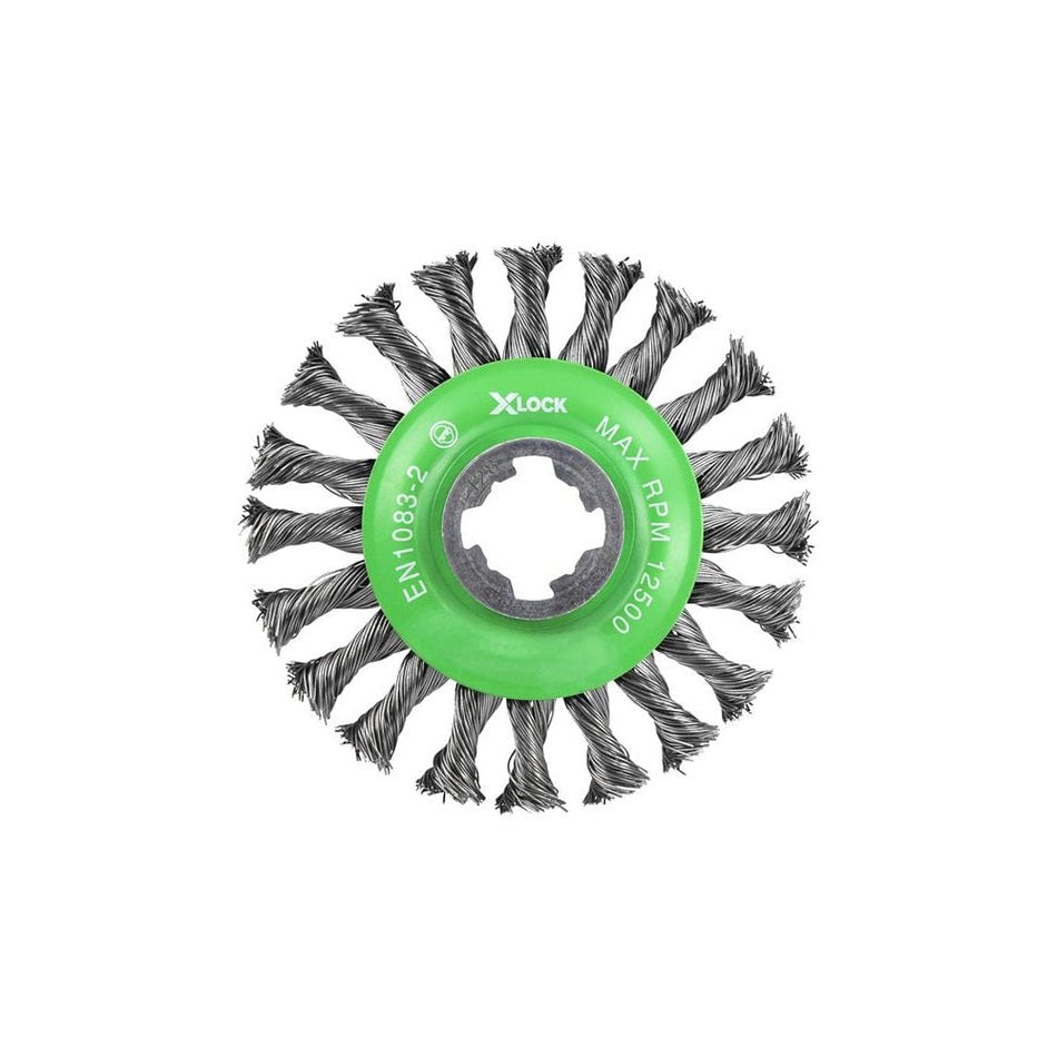 Faithfull X-LOCK Conical Wire Brush 115mm M14x2, 0.50mm Stainless Steel Wire-FAIWBCTSSXL