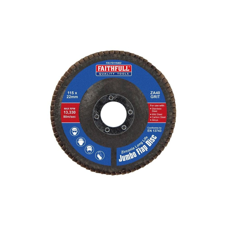 Faithfull Zirconia Abrasive Jumbo Flap Disc A40 115mm-FAIFD11540Z