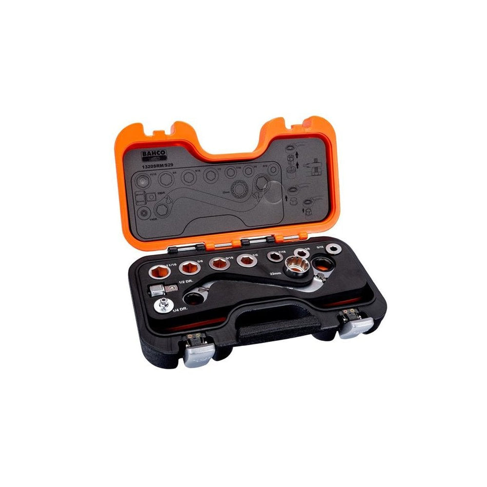 Bahco S Type Ratchet Ring Wrench & Adaptor Set, 29 Piece-BAH1320SRM29