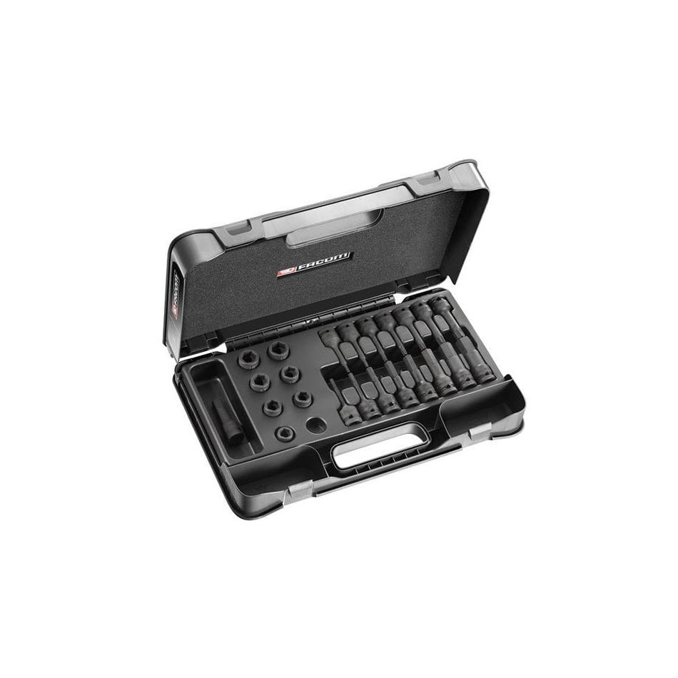 Facom 6-Point Stubby Impact Socket Set 1/2in SQDR, 23 Piece-FCMNSSJ23PB