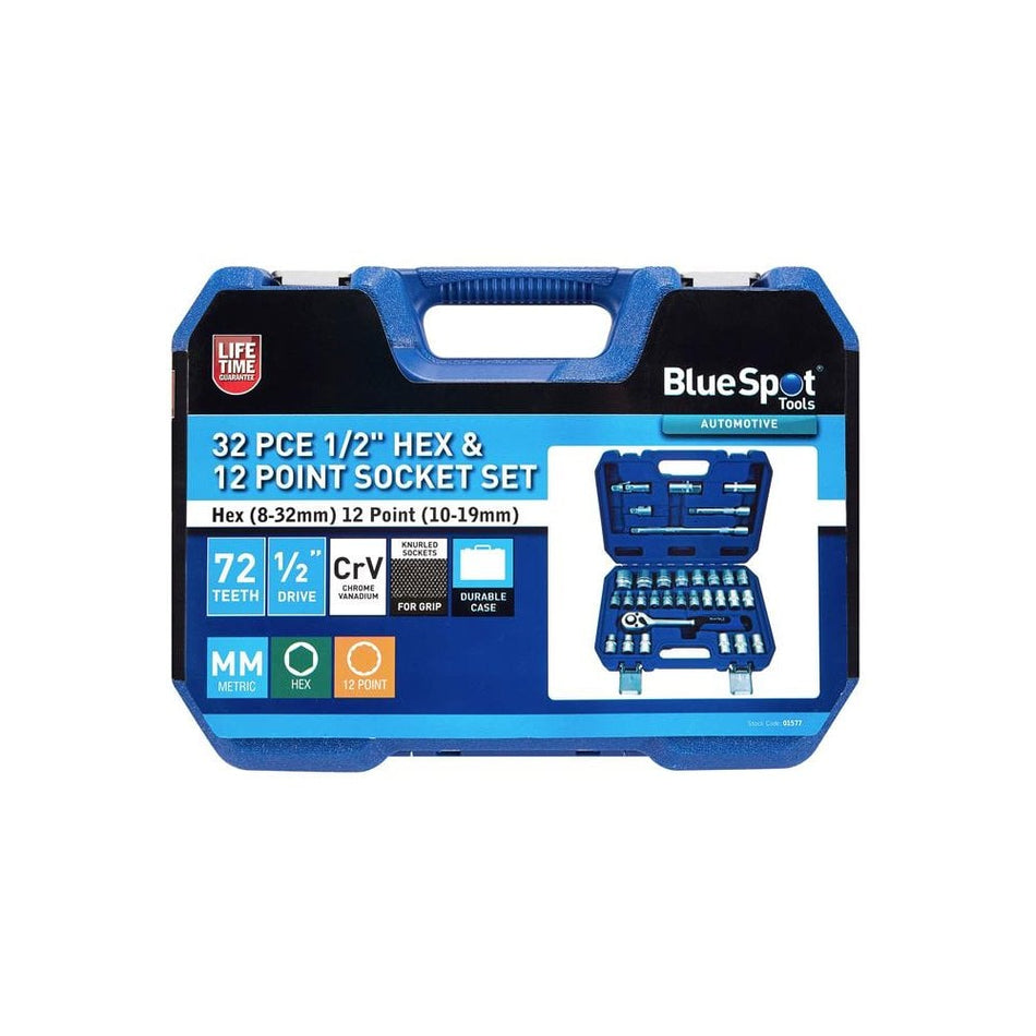 BlueSpot Tools 1/2in Hex & 12 Point Socket Set, 32 Piece-B/S1577